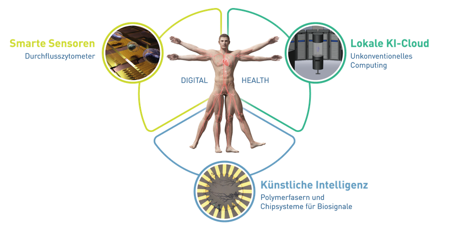 Depiction of a young man as a Vitruvian man, labeled "Digital Health" surrounded by labeled circles and symbol images. Top right "Local AI Cloud", below "Artificial Intelligence", top left next to the figure "Smart Sensors".