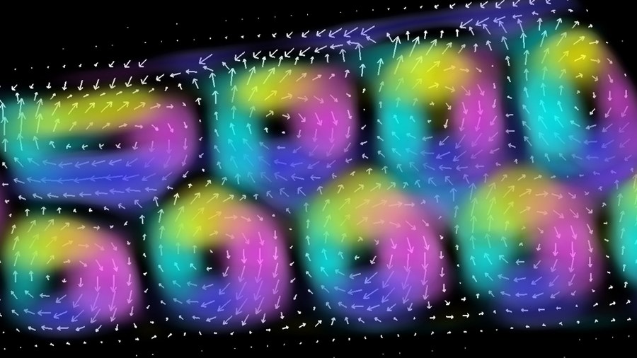 graphic, 3D volume representation of the magnetic field of skyrmion tubes inside an FeGe sample